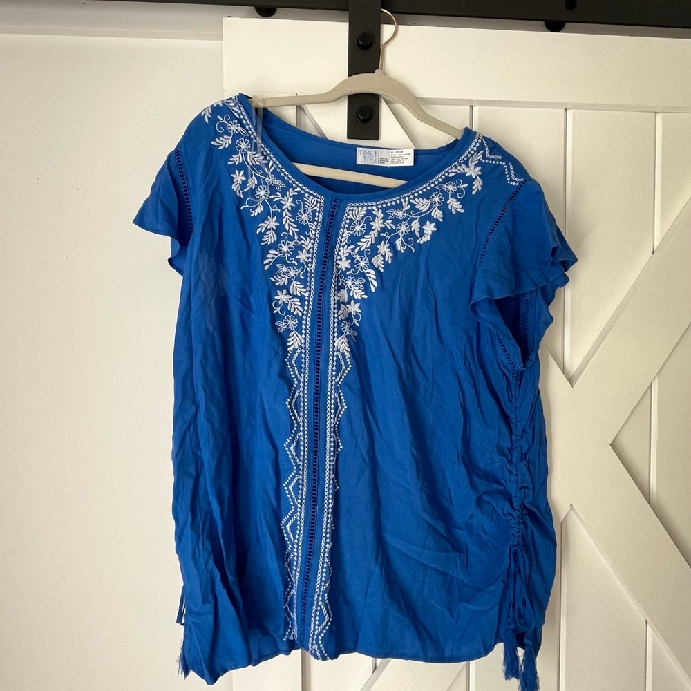 Time and Tru Royal Blue Short-Sleeve Embroidered Peasant Top